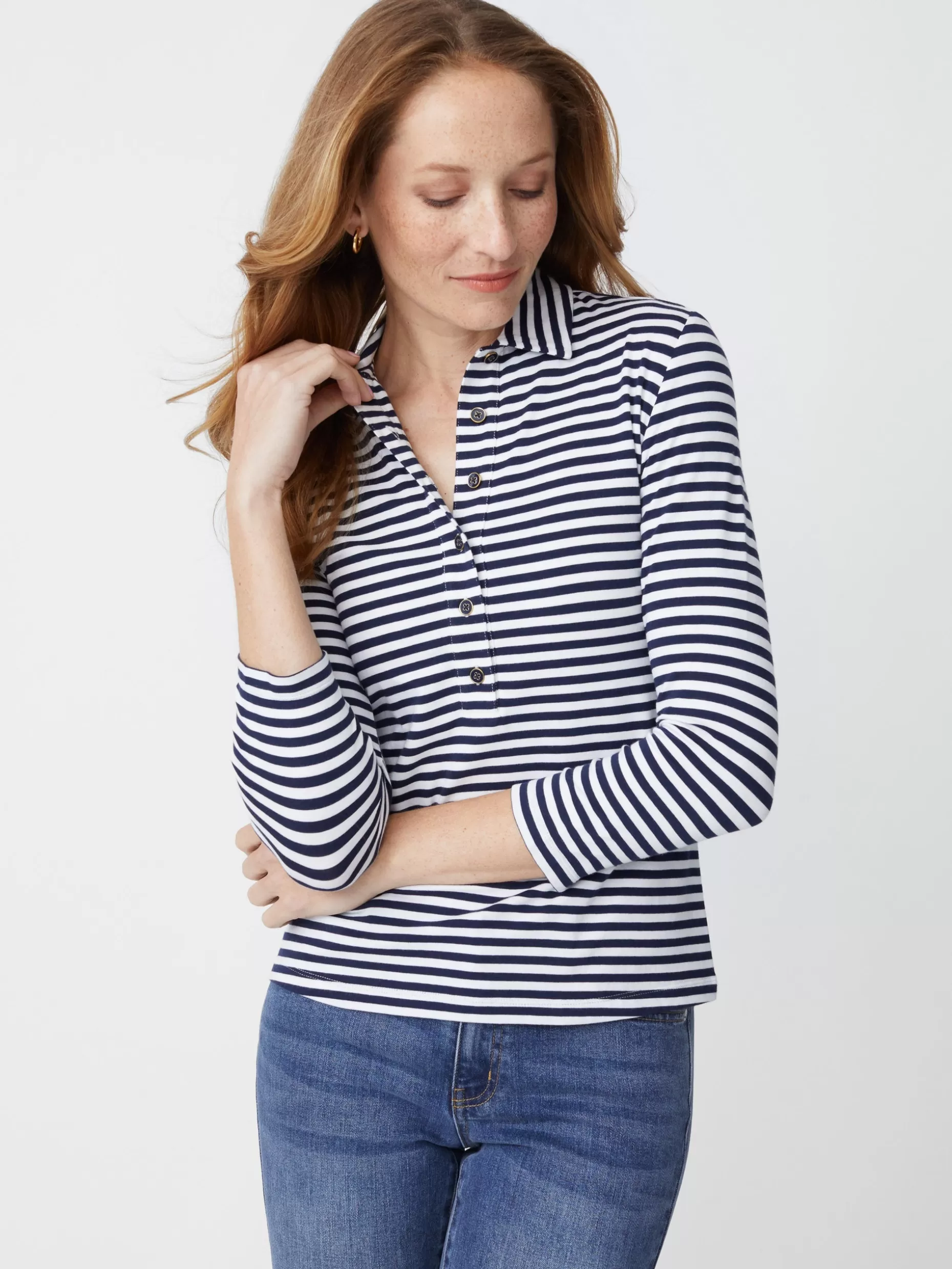 J. McLaughlin Court 3/4 Sleeve Polo In Stripe-Women Tops